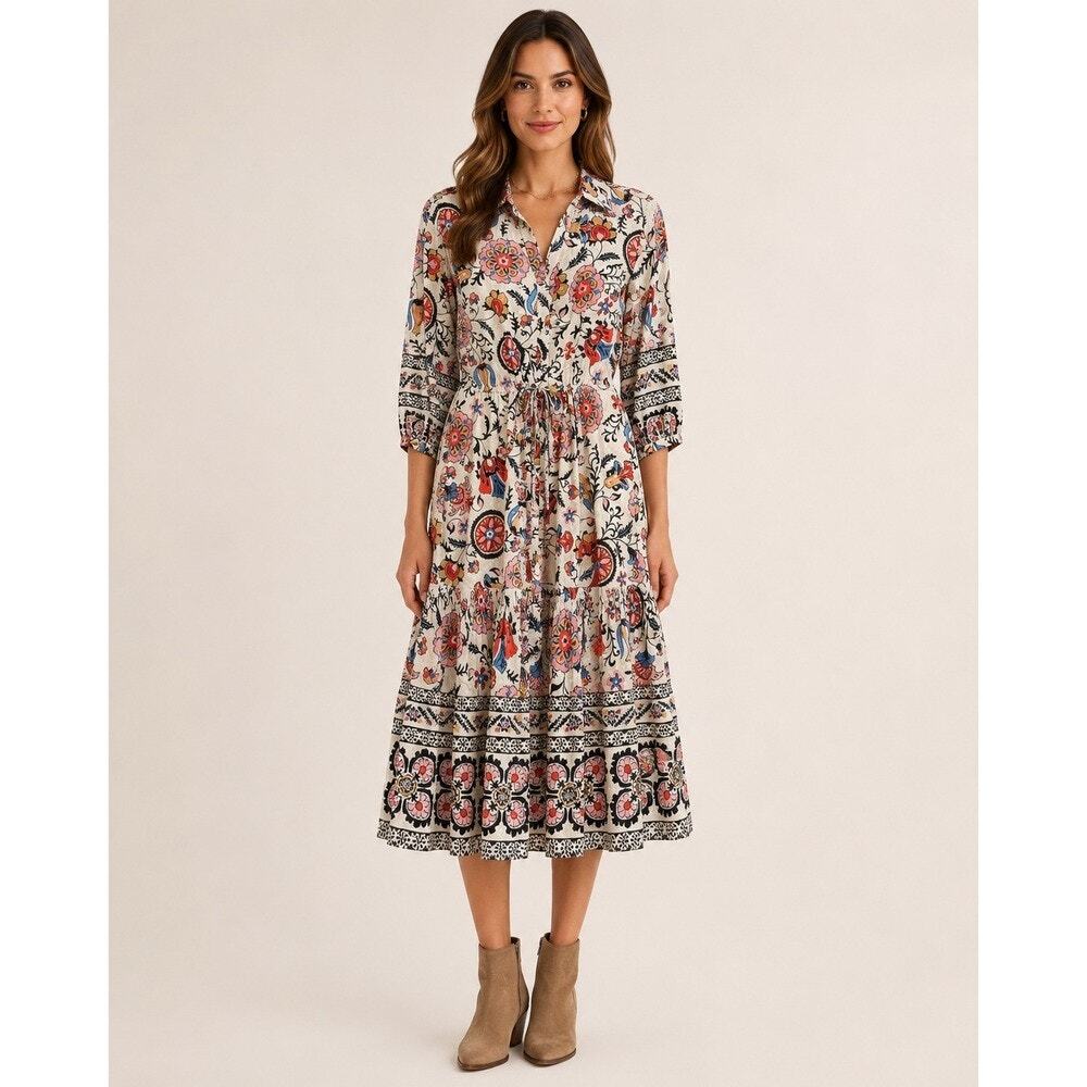Cara Cara Turtledove Botanical Floral Print Hutton Midi Shirt Dress Womens Small